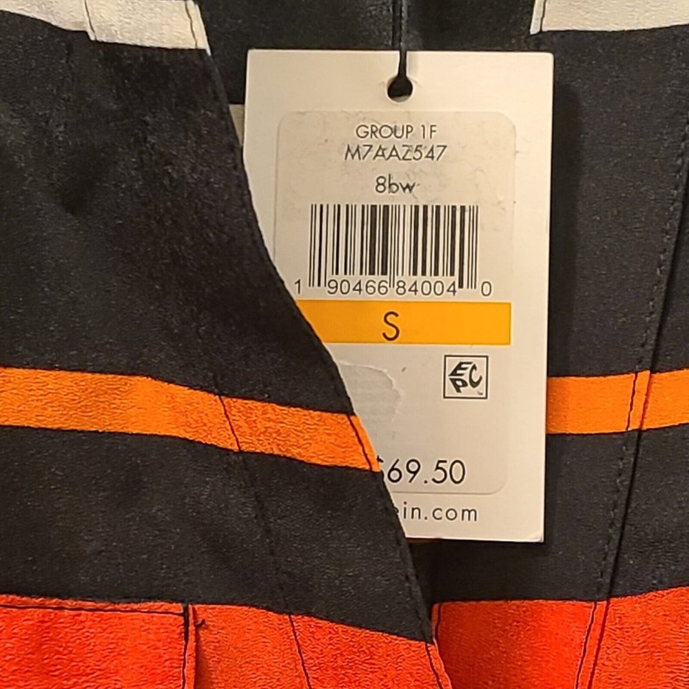 Calvin Klein Blouse Top Black White Pink Orange Stripe Women Size Small Roll-Tab - Picture 5 of 8